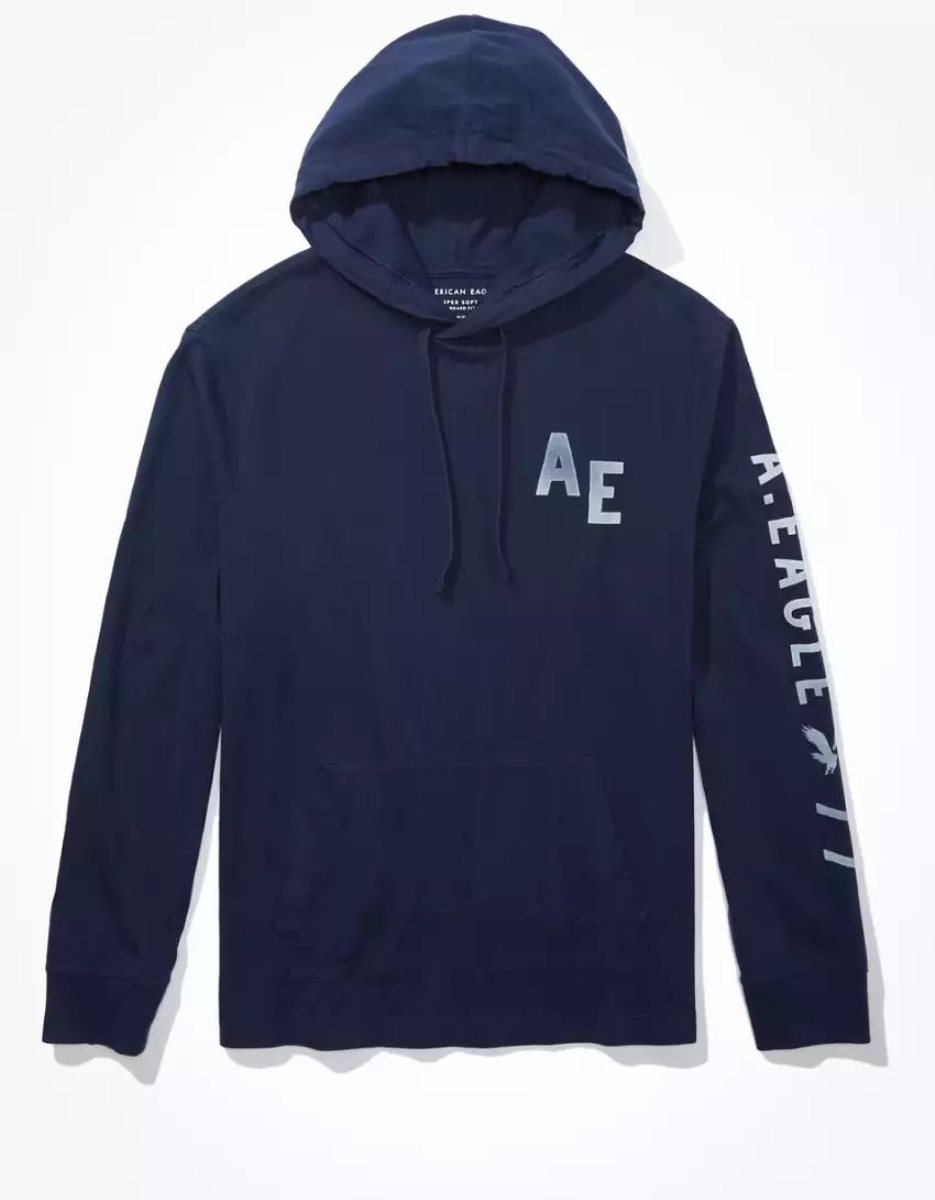 Sweat à Capuche American Eagle AE Super Soft Logo Graphique Bleu Marine Homme | JPF-19764614